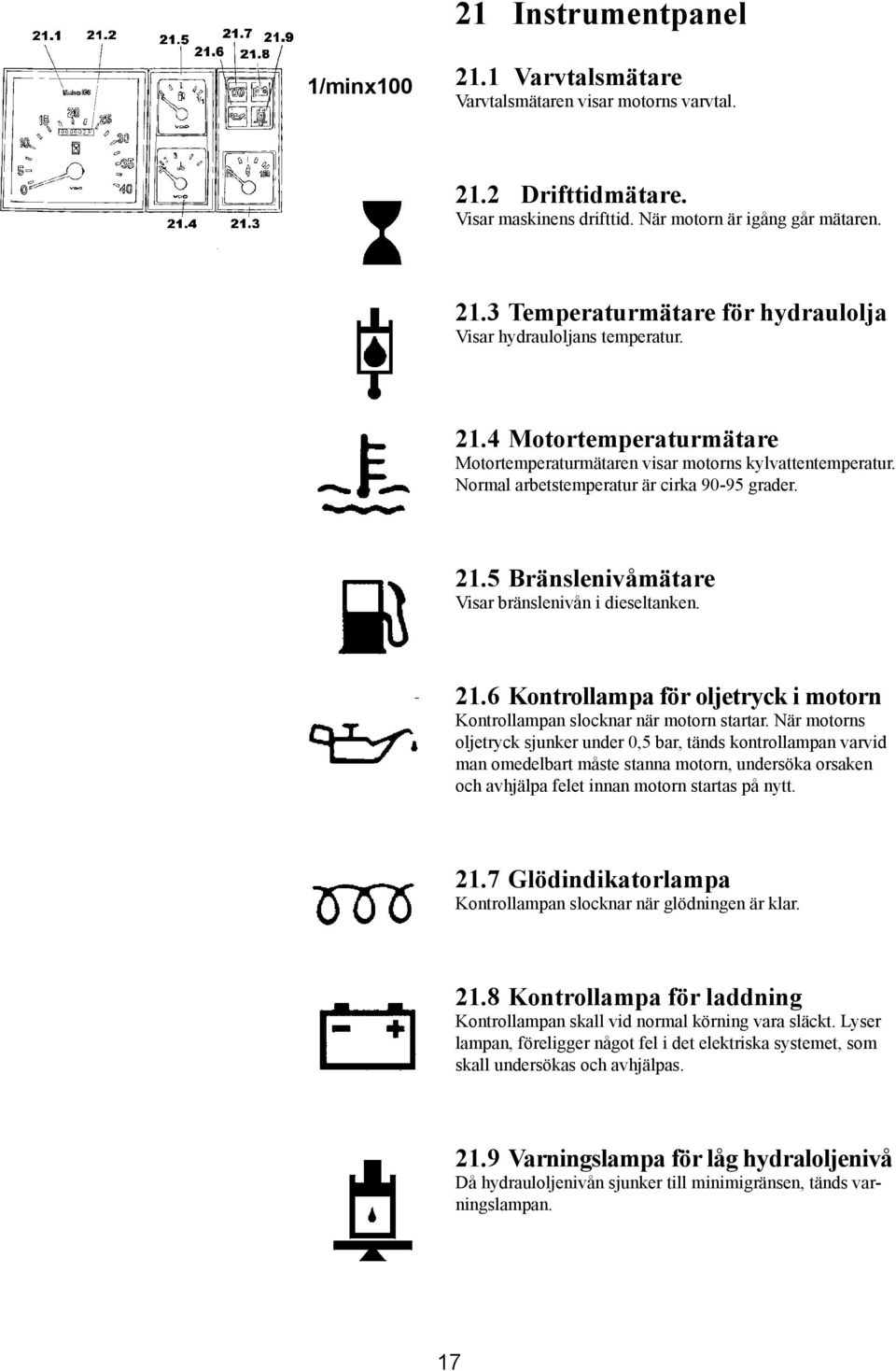 5 Bränslenivåmätare Visar bränslenivån i dieseltanken. 21.6 Kontrollampa för oljetryck i motorn Kontrollampan slocknar när motorn startar.