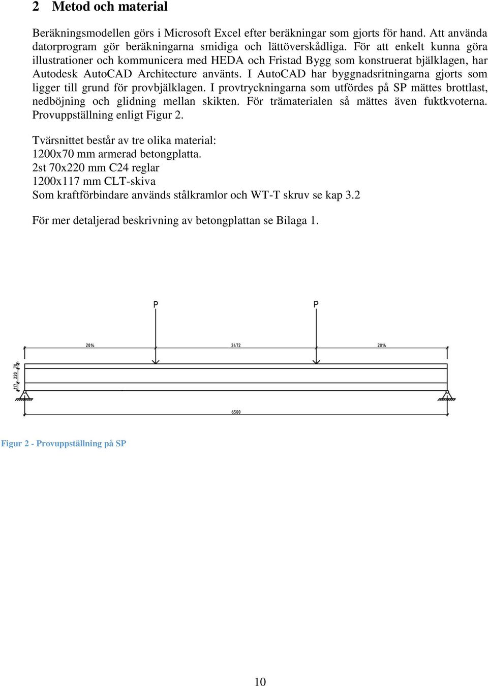 I AutoCAD har byggnadsritningarna gjorts som ligger till grund för provbjälklagen. I provtryckningarna som utfördes på SP mättes brottlast, nedböjning och glidning mellan skikten.