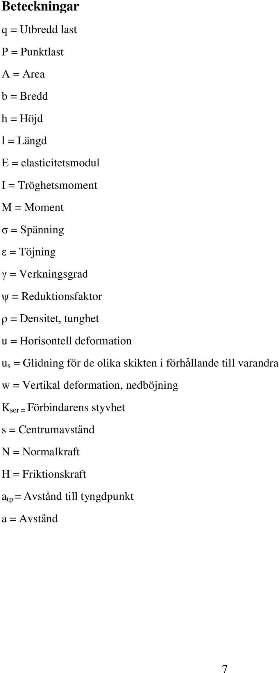 Horisontell deformation u s = Glidning för de olika skikten i förhållande till varandra w = Vertikal deformation,