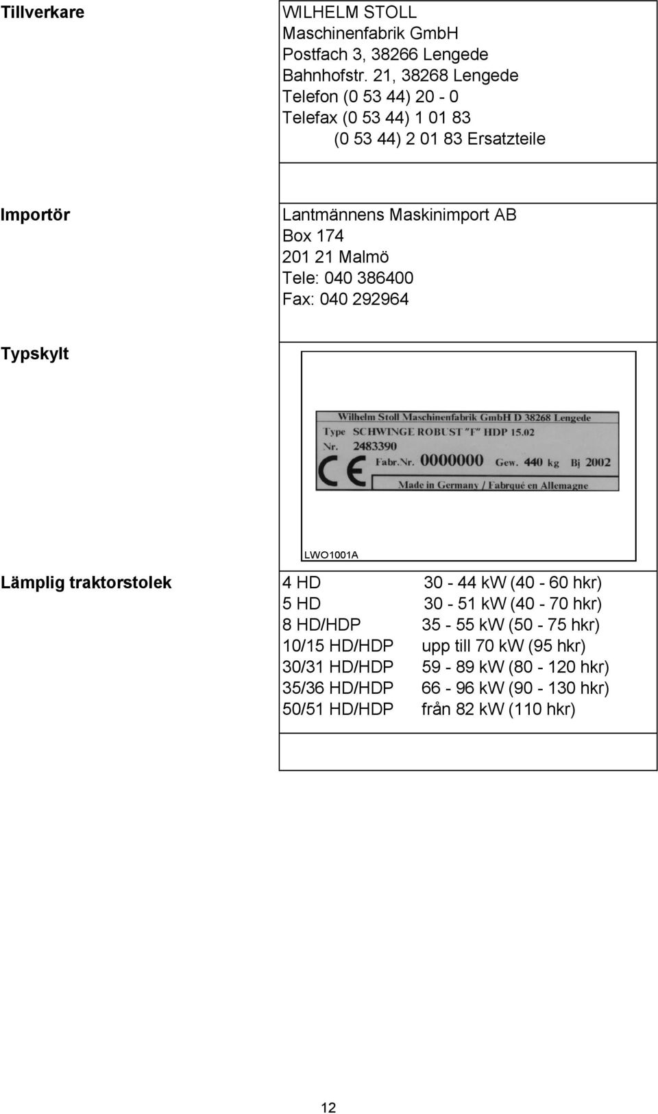 AB Box 174 201 21 Malmö Tele: 040 386400 Fax: 040 292964 Typskylt Lämplig traktorstolek 4 HD 30-44 kw (40-60 hkr) 5 HD 30-51 kw