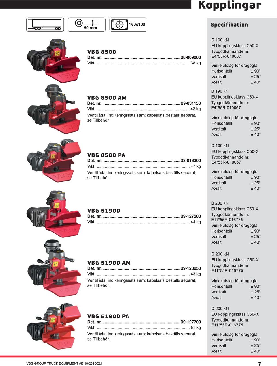 D 190 kn EU kopplingsklass C50-X E4*55R-010067 Vinkelutslag för dragögla Horisontellt ± 90 Vertikalt ± 25 Axialt ± 40 D 190 kn EU kopplingsklass C50-X E4*55R-010067 Vinkelutslag för dragögla