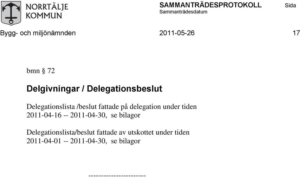 -- 2011-04-30, se bilagor Delegationslista/beslut fattade av utskottet