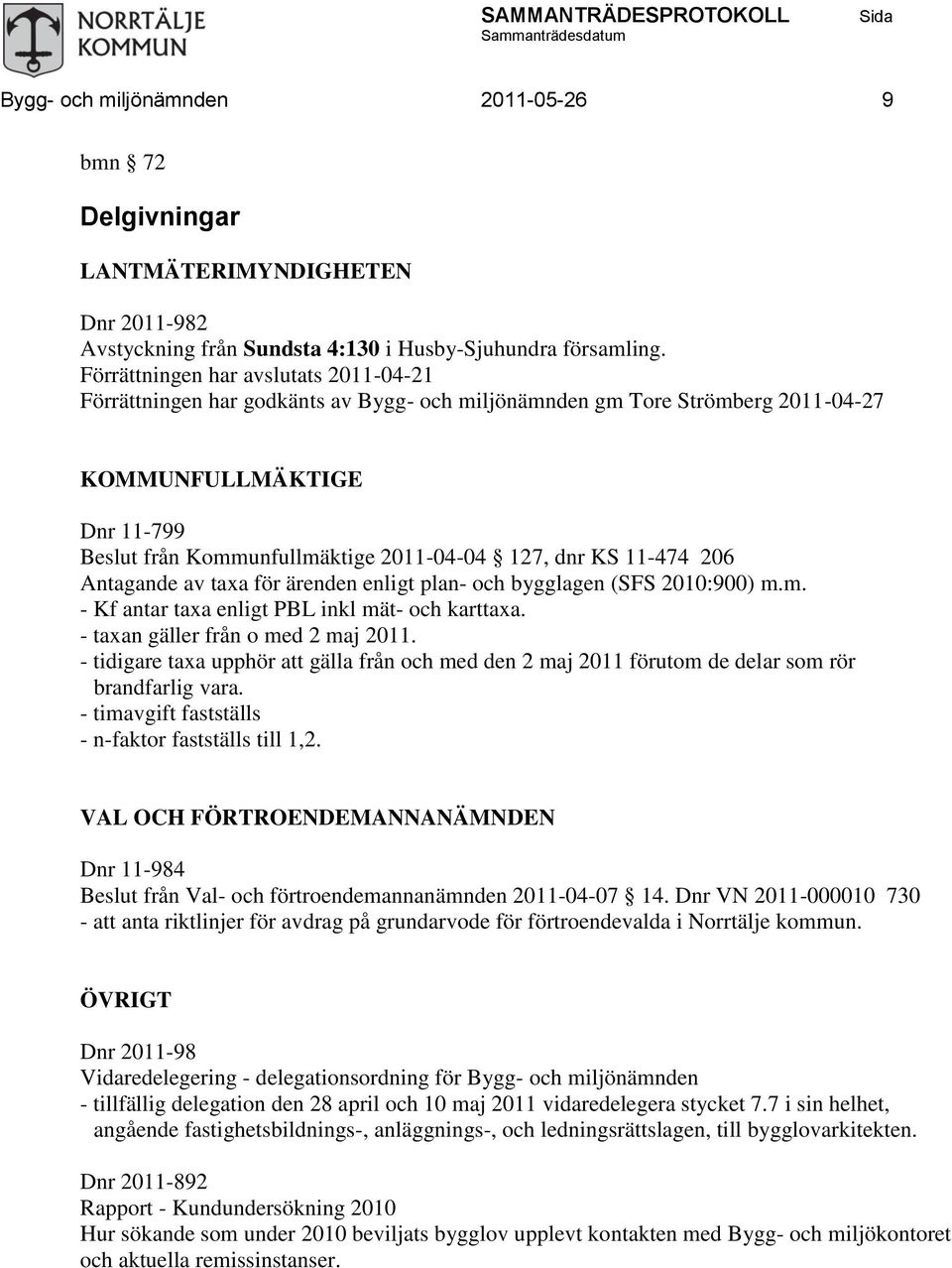 KS 11-474 206 Antagande av taxa för ärenden enligt plan- och bygglagen (SFS 2010:900) m.m. - Kf antar taxa enligt PBL inkl mät- och karttaxa. - taxan gäller från o med 2 maj 2011.