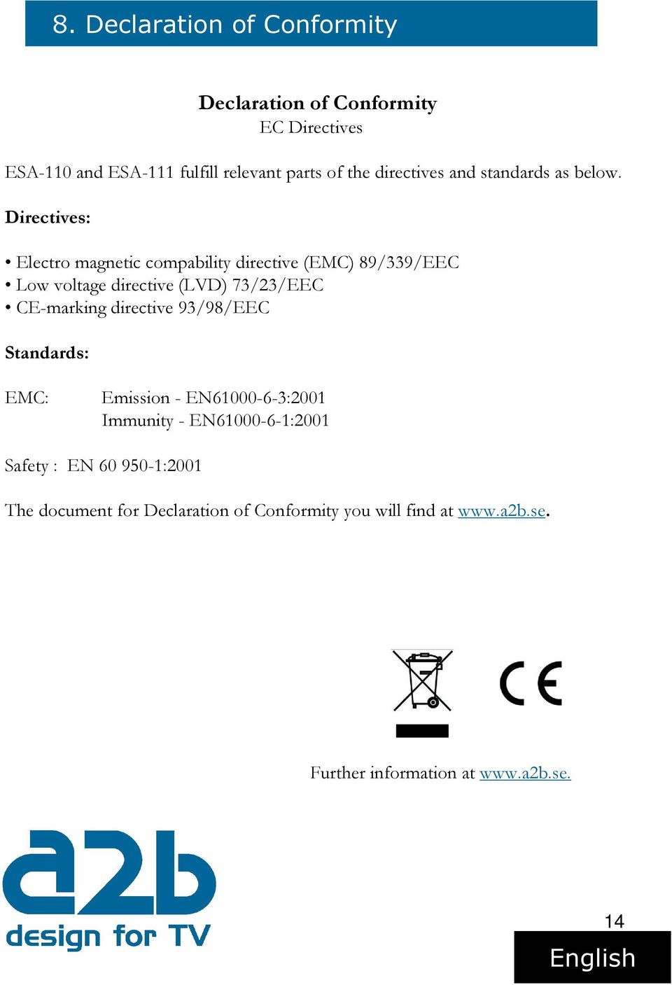 Directives: Electro magnetic compability directive (EMC) 89/339/EEC Low voltage directive (LVD) 73/23/EEC CE-marking directive