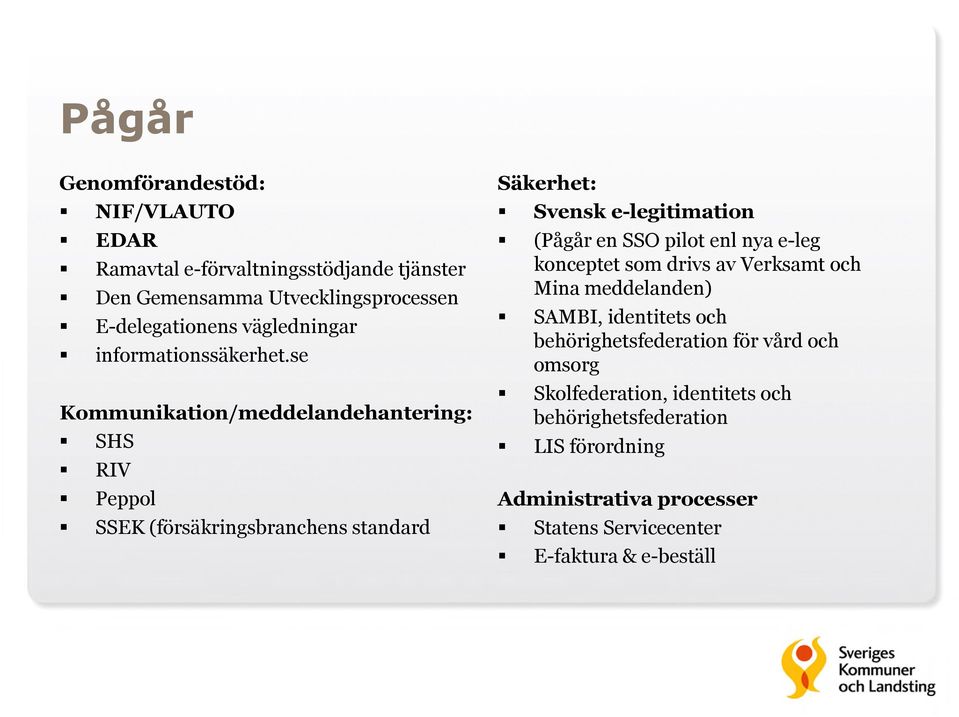 se Kommunikation/meddelandehantering: SHS RIV Peppol SSEK (försäkringsbranchens standard Säkerhet: Svensk e-legitimation (Pågår en SSO pilot enl