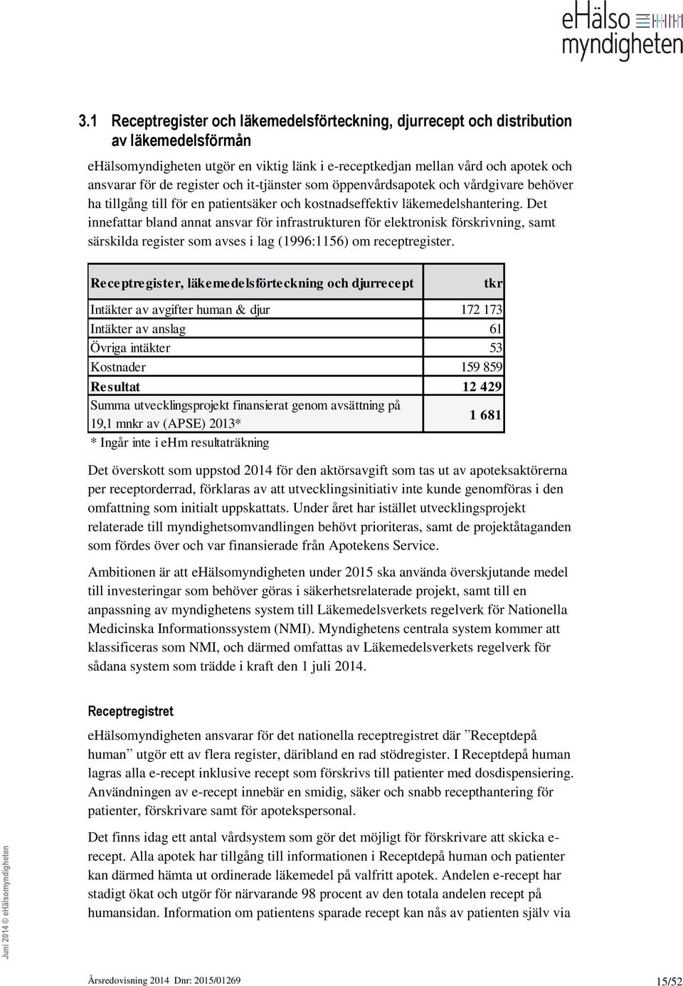 Det innefattar bland annat ansvar för infrastrukturen för elektronisk förskrivning, samt särskilda register som avses i lag (1996:1156) om receptregister.