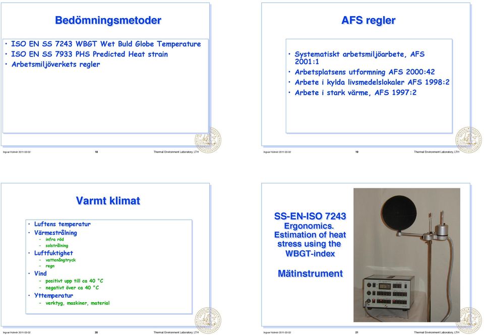 Laboratory, LTH Varmt klimat Luftens temperatur Värmestrålning infra röd solstrålning Luftfuktighet vattenångtryck regn Vind positivt upp till ca 40 C negativt över ca 40 C Yttemperatur