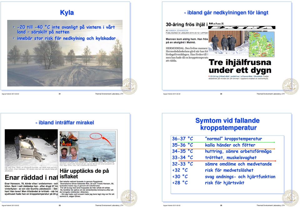 kroppstemperatur - ibland inträffar mirakel 32 Thermal Environment Laboratory, LTH normal kroppstemperatur kalla händer och fötter huttring, sämre arbetsförmåga