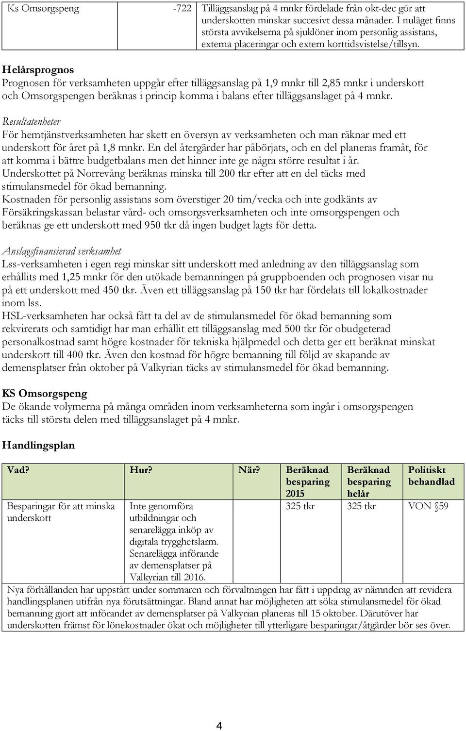 Helårsprognos Prognosen för verksamheten uppgår efter tilläggsanslag på 1,9 mnkr till 2,85 mnkr i underskott och Omsorgspengen beräknas i princip komma i balans efter tilläggsanslaget på 4 mnkr.