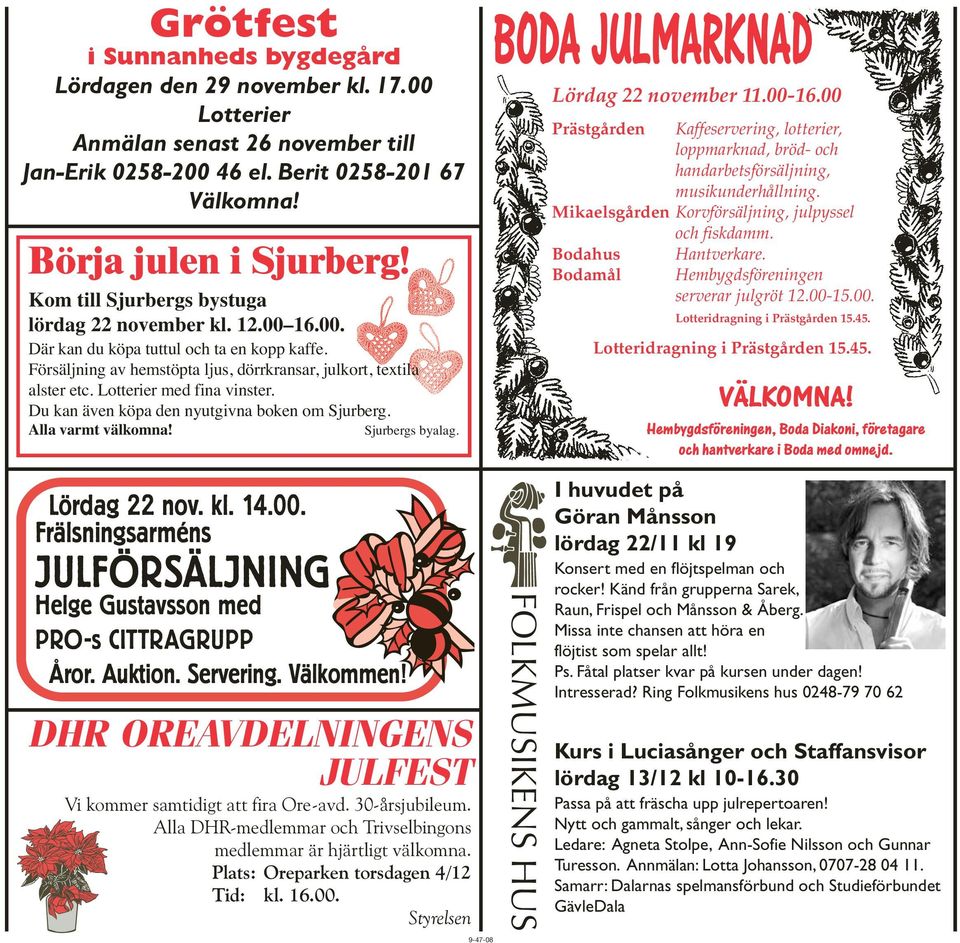 Lotterier med fina vinster. Du kan även köpa den nyutgivna boken om Sjurberg. Alla varmt välkomna! Sjurbergs byalag. BODA JULMARKNAD Lördag 22 november 11.00-16.