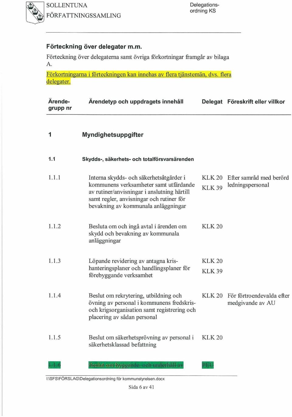 1 Skydds-, säkerhets- och totalförsvarsärenden 1.1.1 Interna skydds- och säkerhetsåtgärder i kommunens verksamheter samt utfärdande av rutiner/anvisningar i anslutning härtill samt regler,