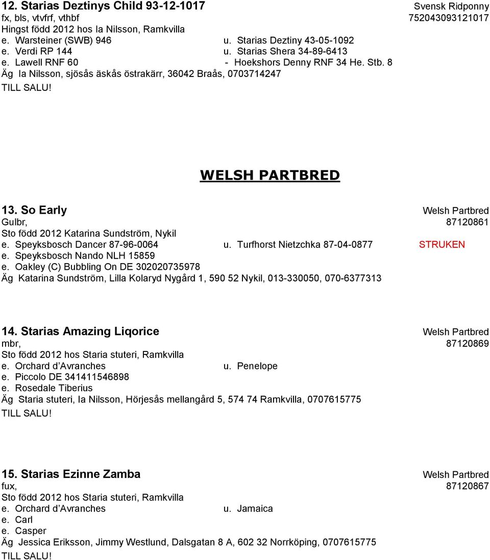 So Early Welsh Partbred Gulbr, 87120861 Sto född 2012 Katarina Sundström, Nykil e. Speyksbosch Dancer 87-96-0064 u. Turfhorst Nietzchka 87-04-0877 STRUKEN e. Speyksbosch Nando NLH 15859 e.