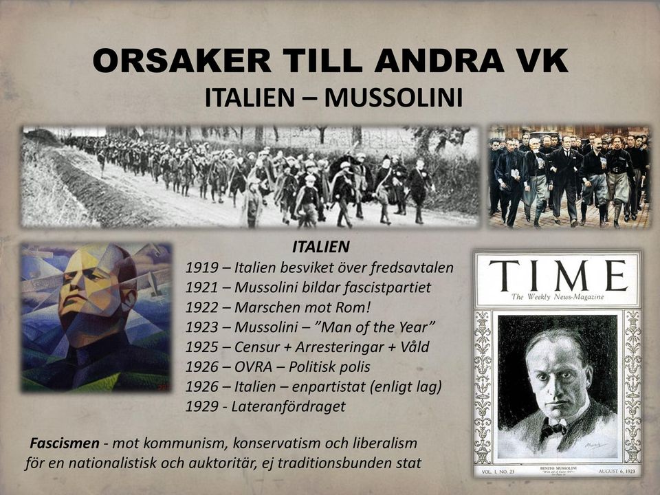 1923 Mussolini Man of the Year 1925 Censur + Arresteringar + Våld 1926 OVRA Politisk polis 1926