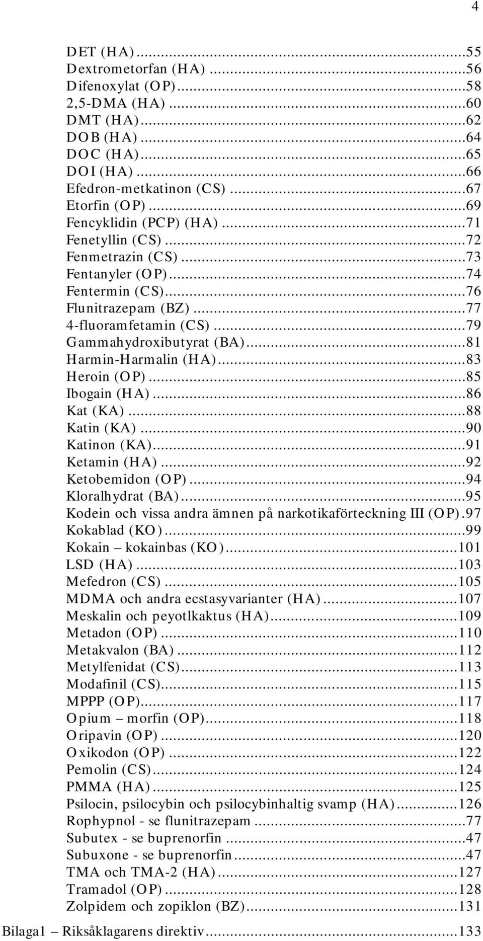 .. 81 Harmin-Harmalin (HA)... 83 Heroin (OP)... 85 Ibogain (HA)... 86 Kat (KA)... 88 Katin (KA)... 90 Katinon (KA)... 91 Ketamin (HA)... 92 Ketobemidon (OP)... 94 Kloralhydrat (BA).