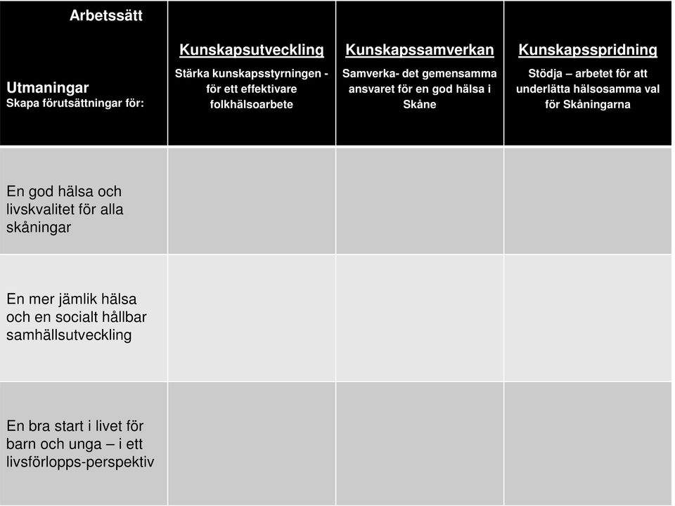 Stödja arbetet för att underlätta hälsosamma val för Skåningarna En god hälsa och livskvalitet för alla skåningar En