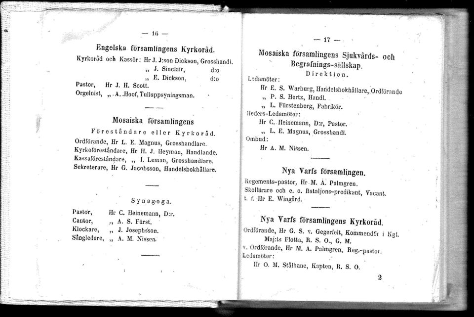 Kassaförestångare, " r. Leman, Grosslwndlare. Sekreterare, Hr G. Jacobsson, Handelsbokhållare. Pasto'r, Cantor, Klockare, Sångledare, s yn a g'o g a. Hr C. Heinemann, D:r. Jl A. S. FUrst. " J.