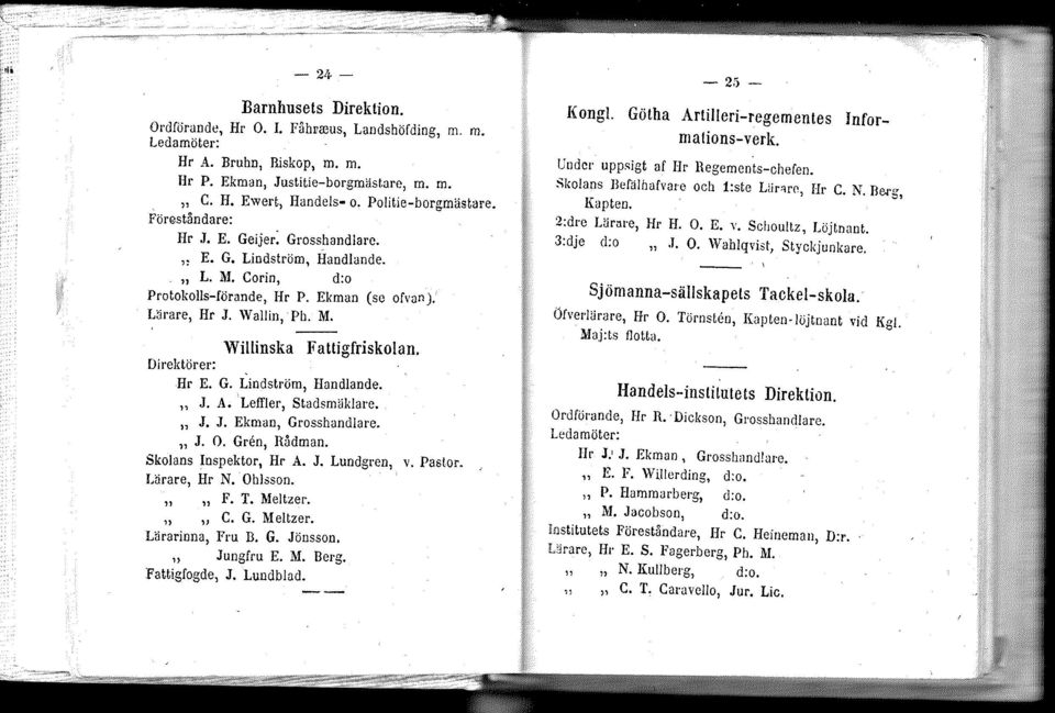 Direktörer: Hr E. G. Lindström, Handlande. " J. A.Leffler, Stadsmäklare. " J. J. Ekman, Grosshandlare. " J. O. Gren, Rådman. Skolans Inspektor, Hr A. J. Lundgren, v. Pastor., Lärare, Hr N. Ohlsson.