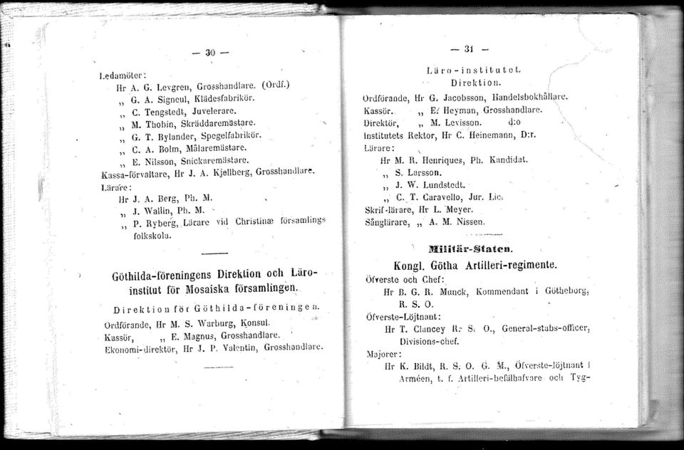 Göthilda"';föreningens Direktion och Läroinstitut för Mosaiska församlingen. D i r e le ti o n f ii r G ö t b i I d a - f ö r e n i Il g e [J. Ordförande, Hl' M. S. War!lurg, E;onsul. Kassör, " E.