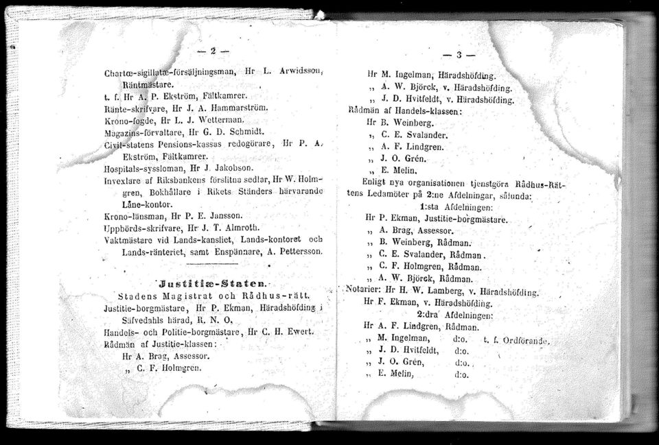 Holll1~ gl'en, Bokhållare i Hikets Stunders hurvarando Låna-kontor. Krona-länsman, Hr P. E. Janssot). TJppbörds-skrifvare, lir' J. T. Almrotll, VaktmUstaro vid Lands-kansliet, Lands-kontoret och Lands-l'äntel'iet.