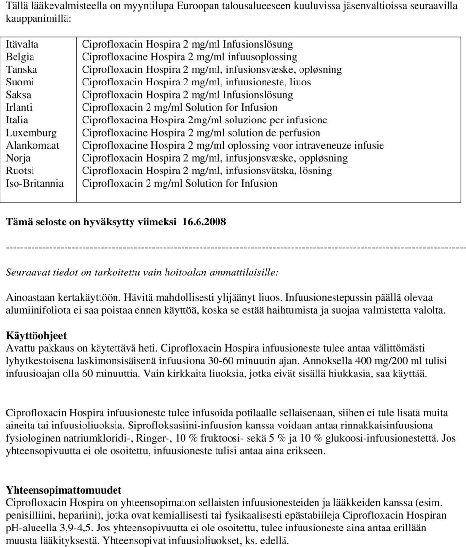 mg/ml, infuusioneste, liuos Ciprofloxacin Hospira 2 mg/ml Infusionslösung Ciprofloxacin 2 mg/ml Solution for Infusion Ciprofloxacina Hospira 2mg/ml soluzione per infusione Ciprofloxacine Hospira 2