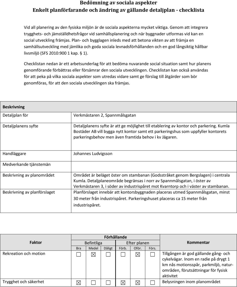 Plan- och bygglagen inleds med att betona vikten av att främja en samhällsutveckling med jämlika och goda sociala levnadsförhållanden och en god långsiktig hållbar livsmiljö (SFS 2010:900 1 kap. 1).