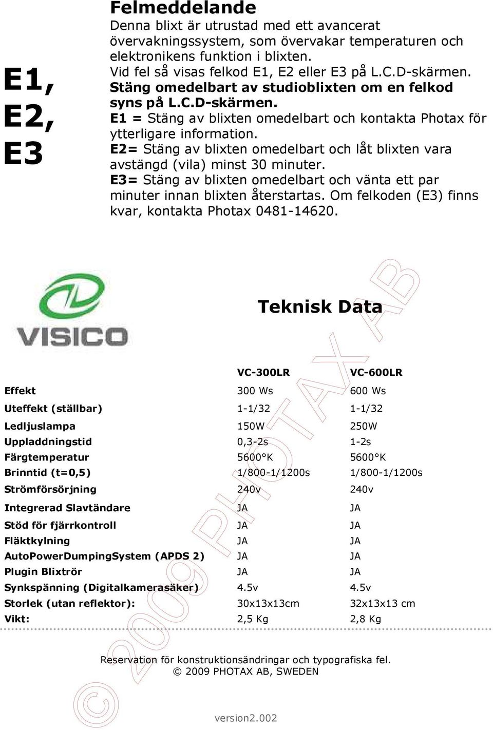 E2= Stäng av blixten omedelbart och låt blixten vara avstängd (vila) minst 30 minuter. E3= Stäng av blixten omedelbart och vänta ett par minuter innan blixten återstartas.