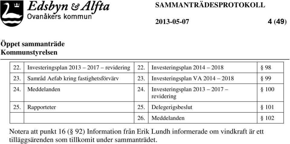 Investeringsplan 2013 2017 revidering 100 25. Rapporteter 25. Delegerigsbeslut 101 26.