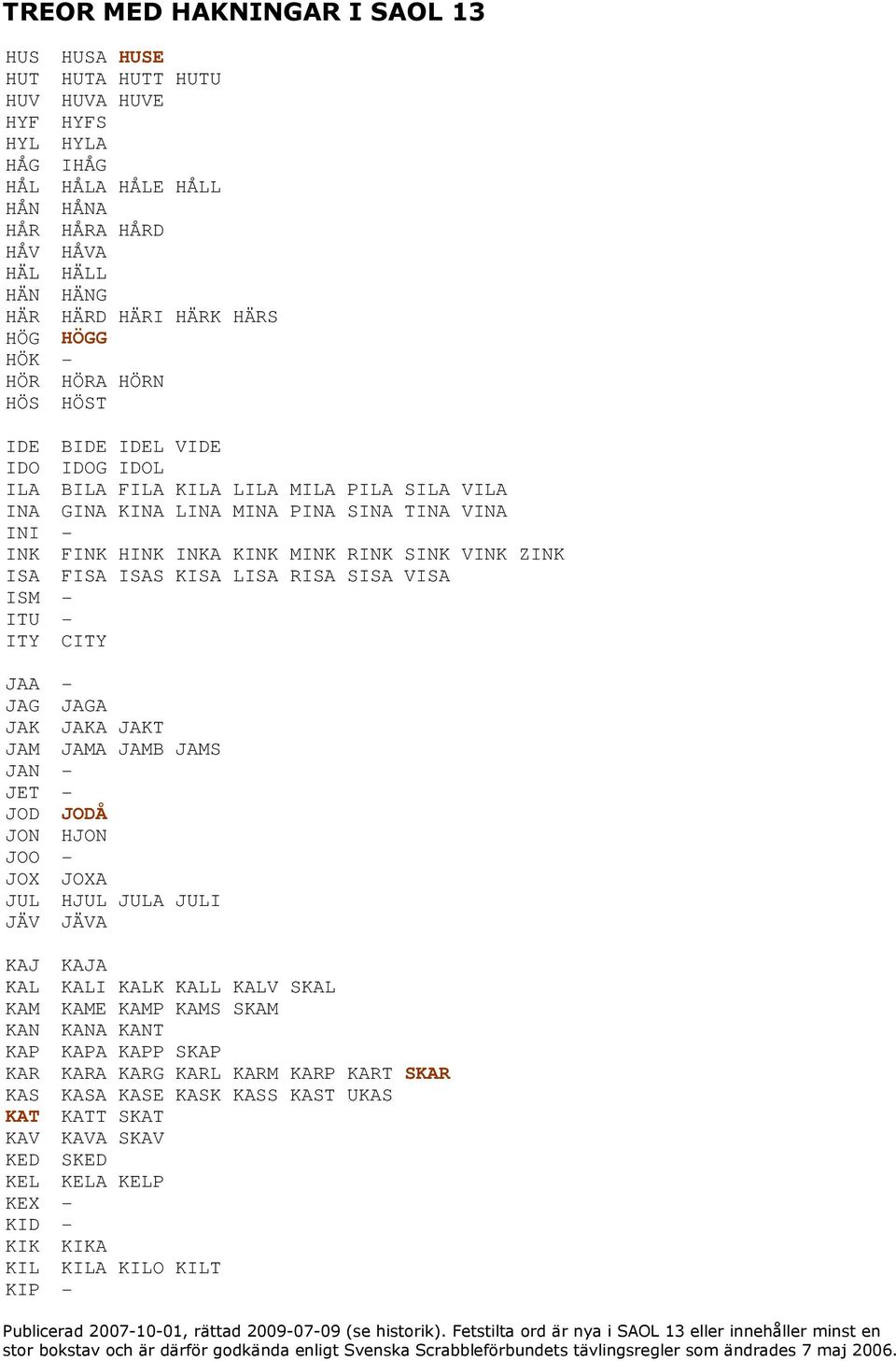 LISA RISA SISA VISA ISM - ITU - ITY CITY JAA - JAG JAGA JAK JAKA JAKT JAM JAMA JAMB JAMS JAN - JET - JOD JODÅ JON HJON JOO - JOX JOXA JUL HJUL JULA JULI JÄV JÄVA KAJ KAJA KAL KALI KALK KALL KALV SKAL