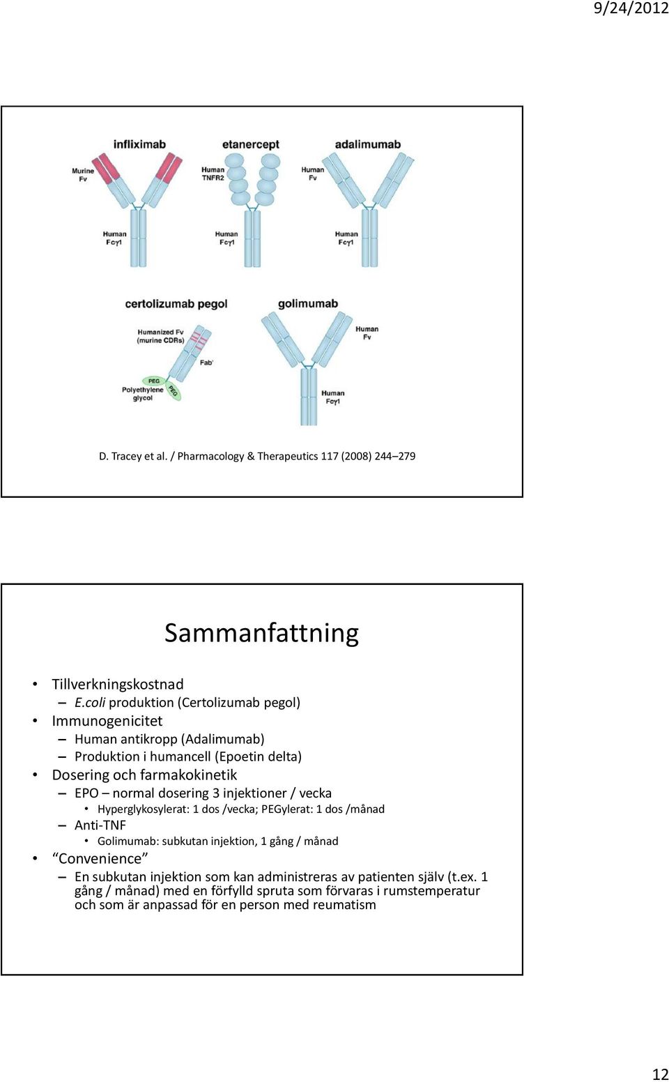 EPO normal dosering 3 injektioner / vecka Hyperglykosylerat: 1 dos /vecka; PEGylerat: 1 dos /månad Anti-TNF Golimumab: subkutan injektion, 1 gång /