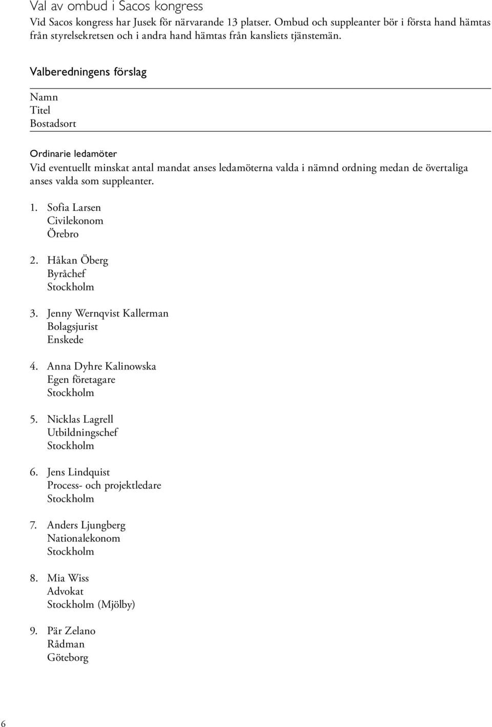 Valberedningens förslag Namn Titel Bostadsort Ordinarie ledamöter Vid eventuellt minskat antal mandat anses ledamöterna valda i nämnd ordning medan de övertaliga anses valda som