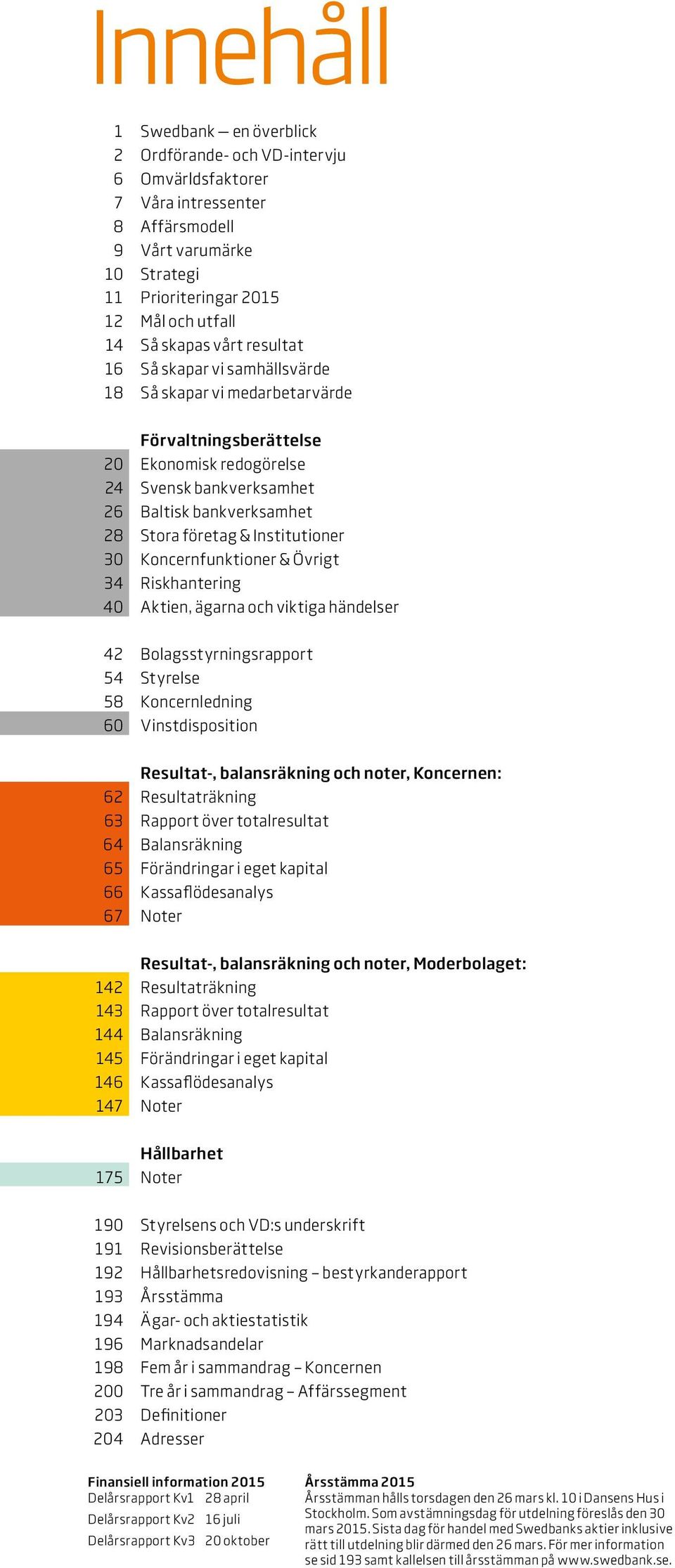 Institutioner 30 Koncernfunktioner & Övrigt 34 Riskhantering 40 Aktien, ägarna och viktiga händelser 42 Bolagsstyrningsrapport 54 Styrelse 58 Koncernledning 60 Vinstdisposition Resultat-,