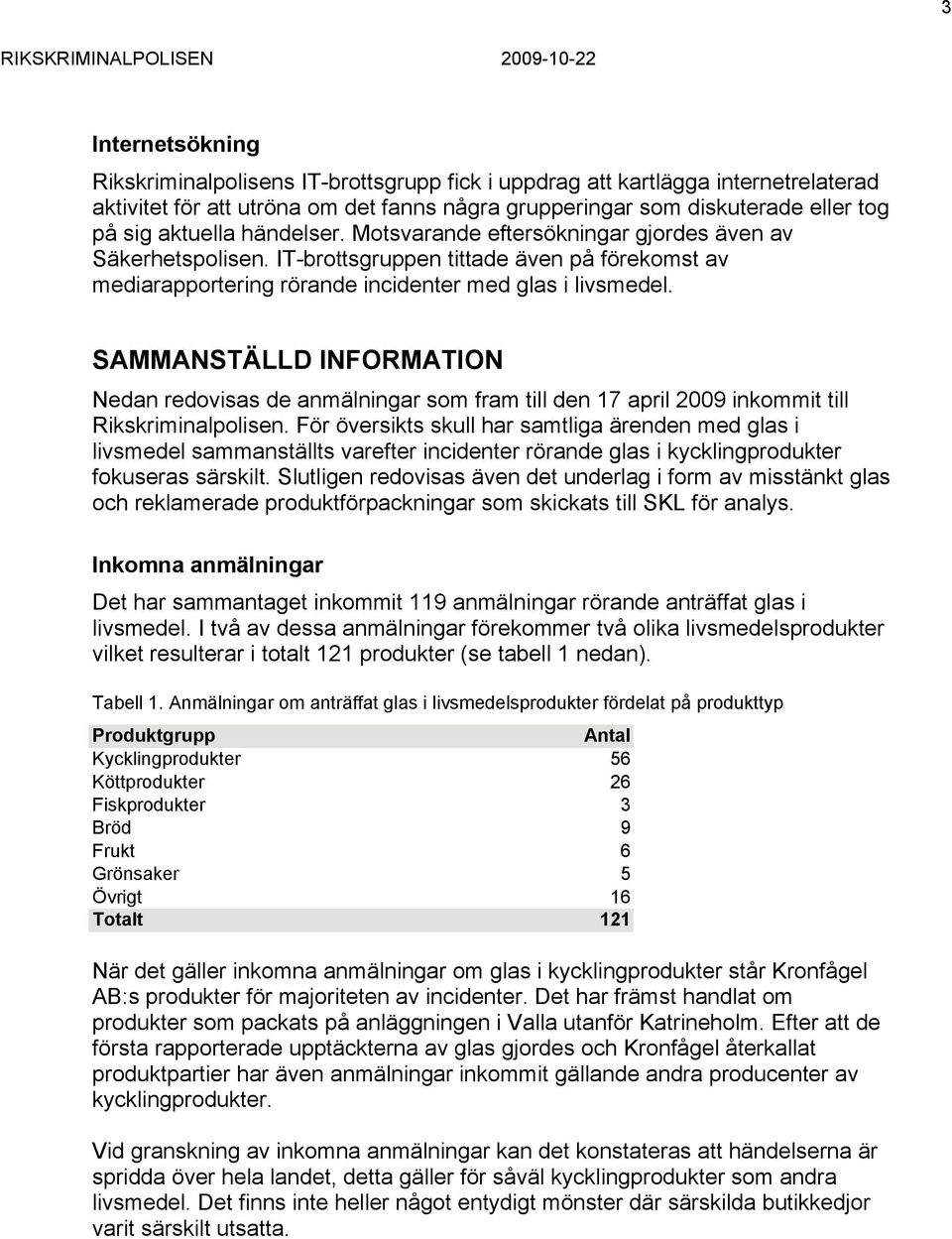 SAMMANSTÄLLD INFORMATION Nedan redovisas de anmälningar som fram till den 17 april 2009 inkommit till Rikskriminalpolisen.