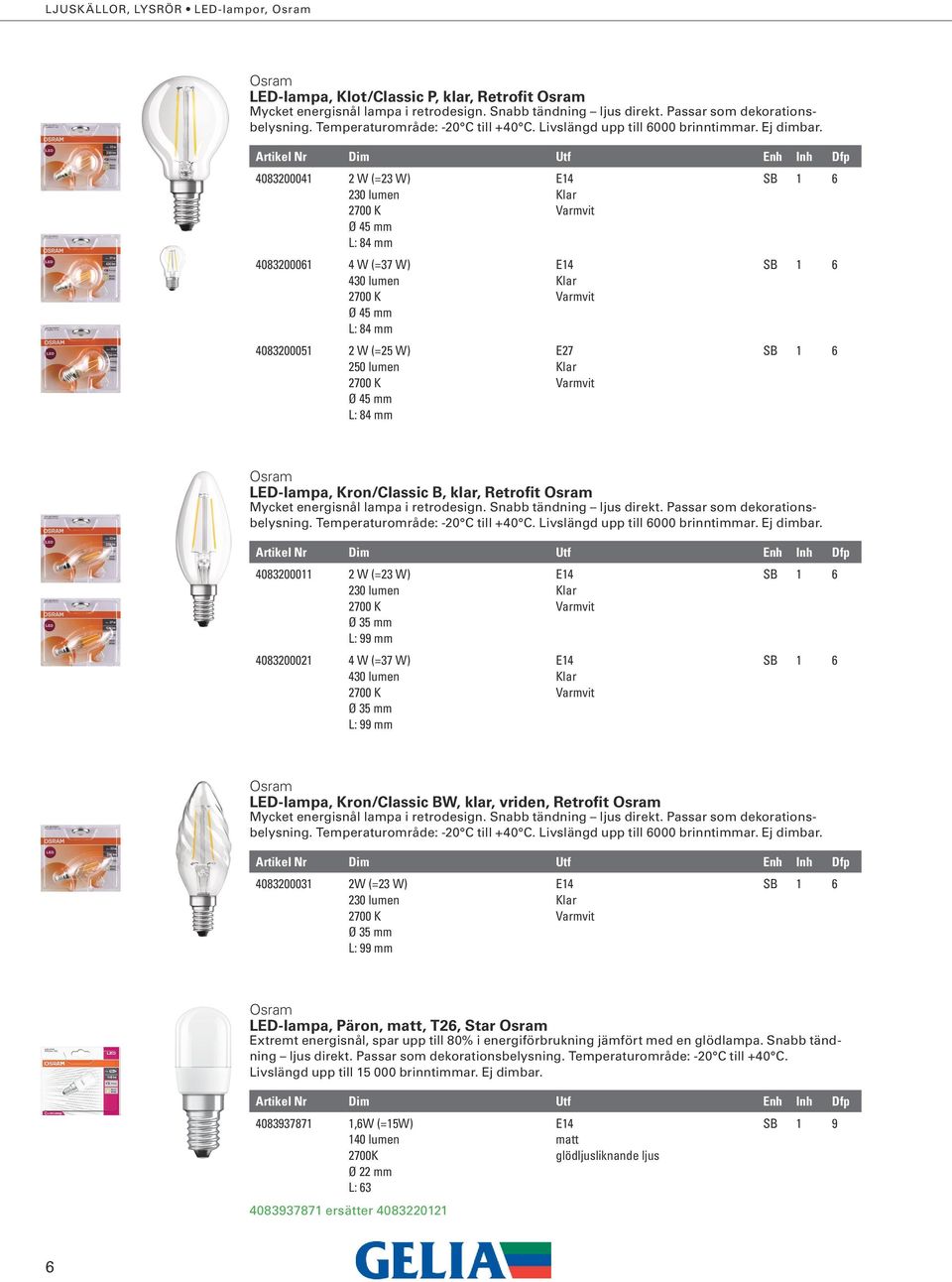 LED-lampa, Klot/Classic P, klar, Retrofit 4083200041 2 W (=23 W) 230 lumen Ø 45 mm L: 84 mm 4083200061 4 W (=37 W) 430 lumen Ø 45 mm L: 84 mm 4083200051 2 W (=25 W) 250 lumen Ø 45 mm L: 84 mm