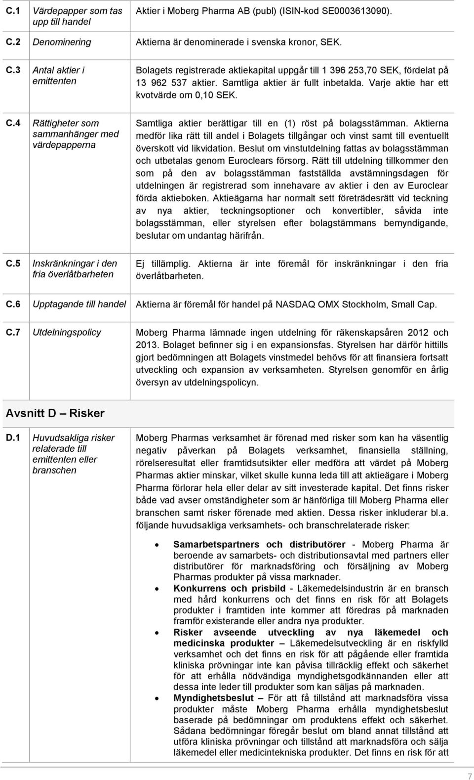 Samtliga aktier är fullt inbetalda. Varje aktie har ett kvotvärde om 0,10 SEK. C.4 Rättigheter som sammanhänger med värdepapperna Samtliga aktier berättigar till en (1) röst på bolagsstämman.