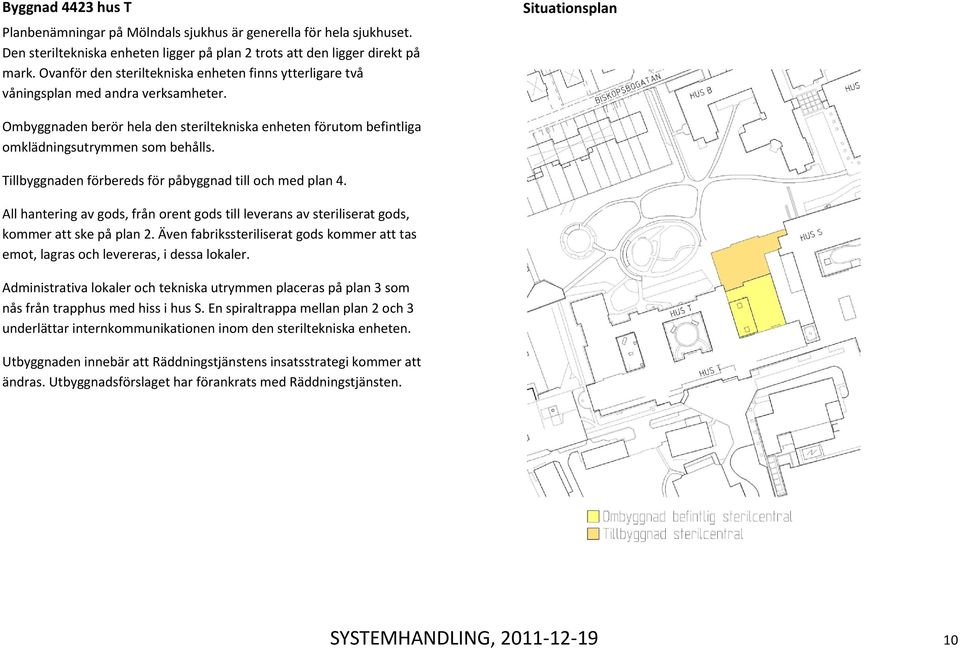 Situationsplan Ombyggnaden berör hela den steriltekniska enheten förutom befintliga omklädningsutrymmen som behålls. Tillbyggnaden förbereds för påbyggnad till och med plan 4.