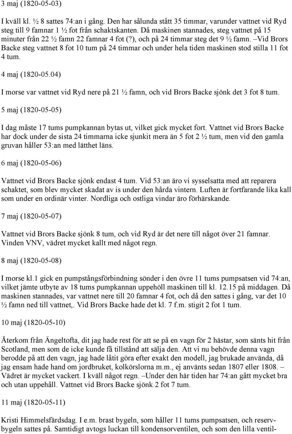 Vid Brors Backe steg vattnet 8 fot 10 tum på 24 timmar och under hela tiden maskinen stod stilla 11 fot 4 tum. 4 maj (1820-05.