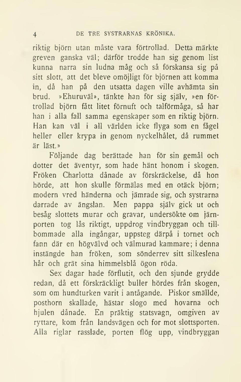 dagen ville avhämta sin brud.»ehuruväl», tänkte han för sig själv,»en förtrollad björn fått litet förnuft och talförmåga, så har han i alla fall samma egenskaper som en riktig björn.