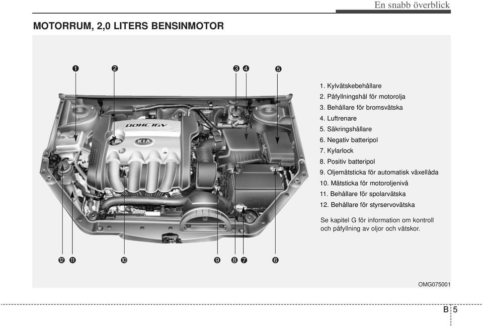 Positiv batteripol 9. Oljemätsticka för automatisk växellåda 10. Mätsticka för motoroljenivå 11.