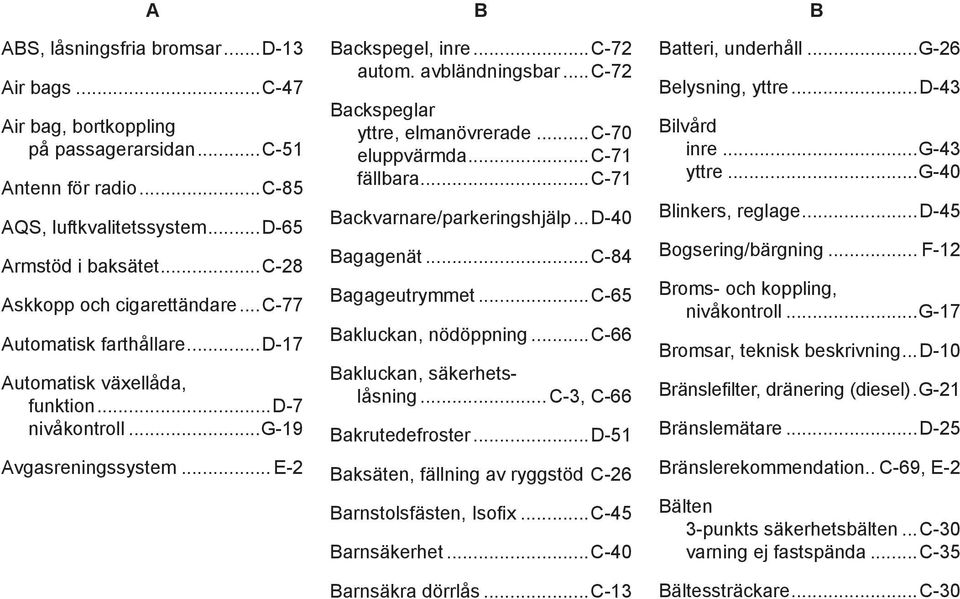 avbländningsbar... C-72 Backspeglar yttre, elmanövrerade...c-70 eluppvärmda...c-71 fällbara...c-71 Backvarnare/parkeringshjälp... D-40 Bagagenät...C-84 Bagageutrymmet...C-65 Bakluckan, nödöppning.