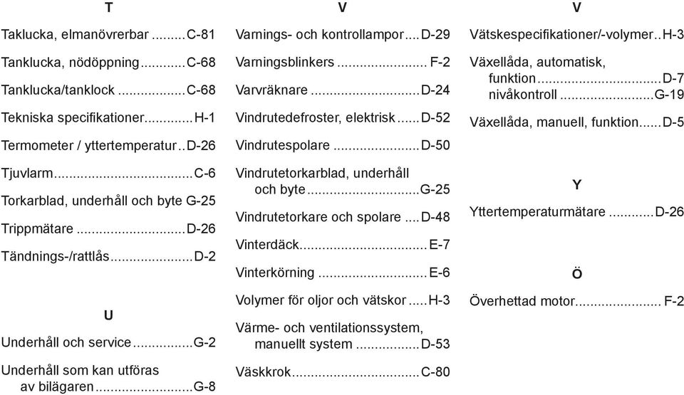 ..D-24 Vindrutedefroster, elektrisk... D-52 Vindrutespolare...D-50 Vindrutetorkarblad, underhåll och byte...g-25 Vindrutetorkare och spolare... D-48 Vinterdäck... E-7 Vinterkörning.