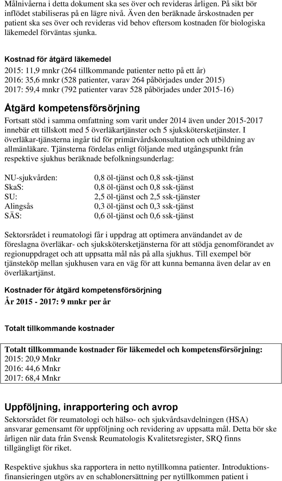 Kostnad för åtgärd läkemedel 2015: 11,9 mnkr (264 tillkommande patienter netto på ett år) 2016: 35,6 mnkr (528 patienter, varav 264 påbörjades under 2015) 2017: 59,4 mnkr (792 patienter varav 528