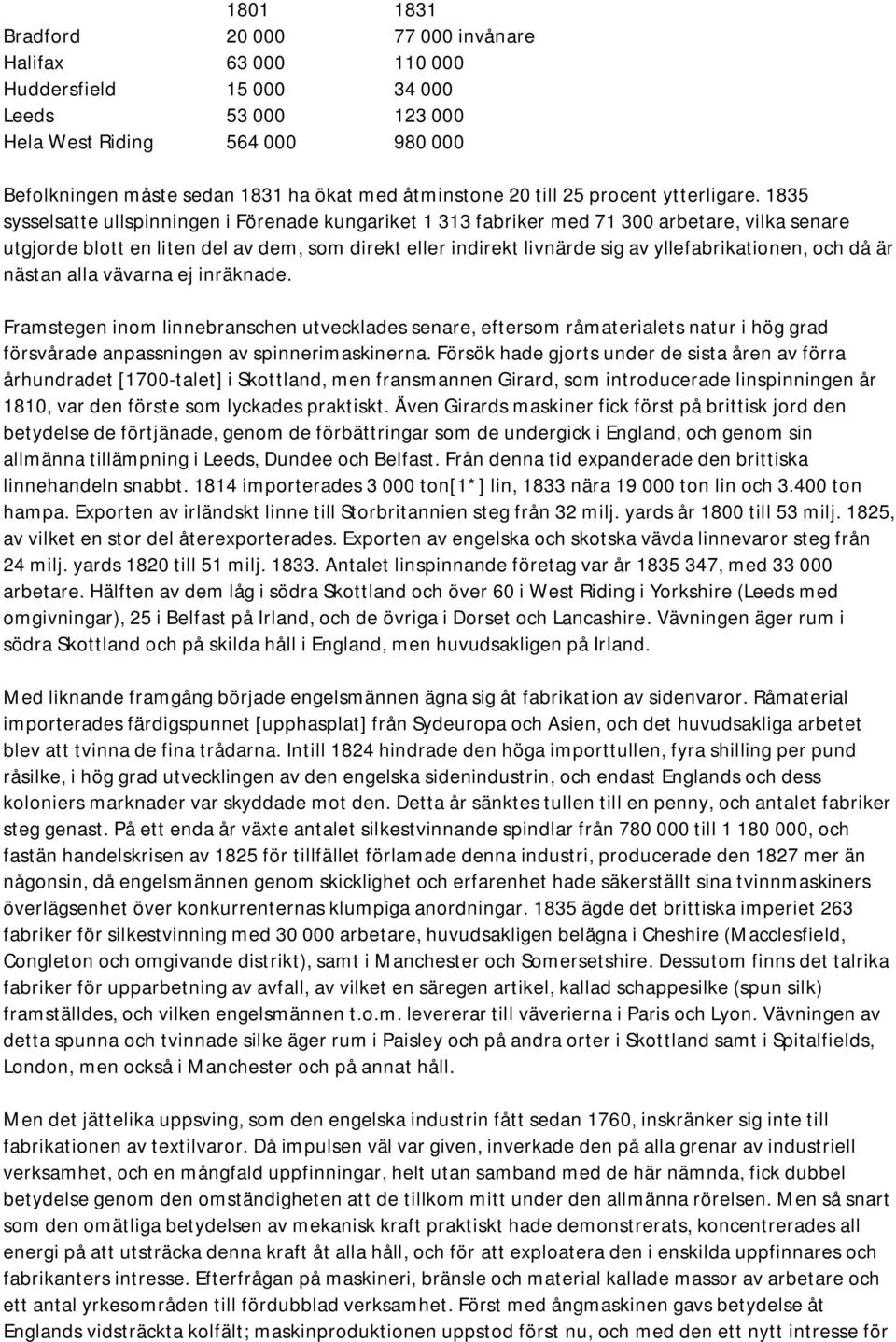 1835 sysselsatte ullspinningen i Förenade kungariket 1 313 fabriker med 71 300 arbetare, vilka senare utgjorde blott en liten del av dem, som direkt eller indirekt livnärde sig av yllefabrikationen,