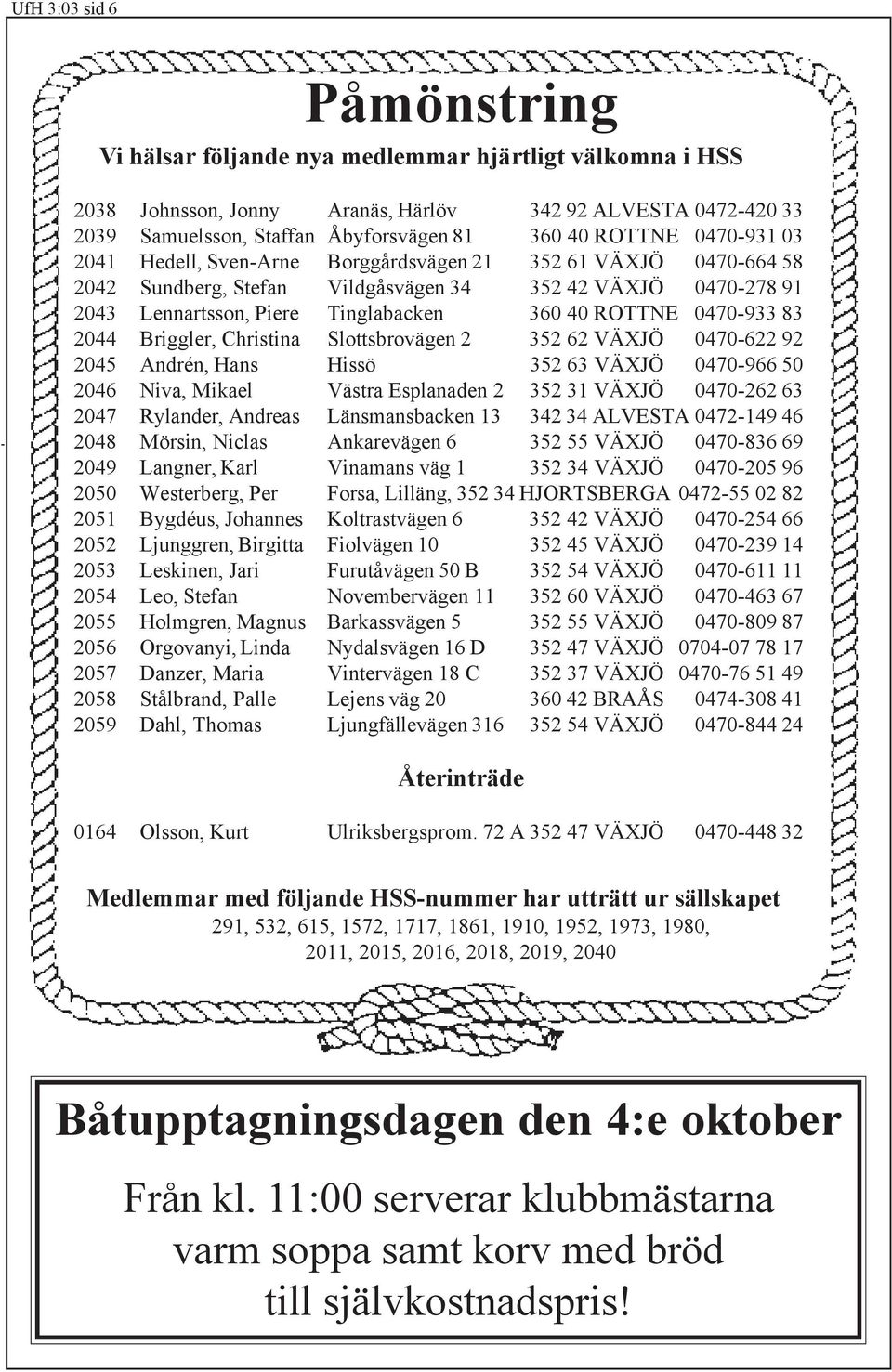 0470-933 83 2044 Briggler, Christina Slottsbrovägen 2 352 62 VÄXJÖ 0470-622 92 2045 Andrén, Hans Hissö 352 63 VÄXJÖ 0470-966 50 2046 Niva, Mikael Västra Esplanaden 2 352 31 VÄXJÖ 0470-262 63 2047