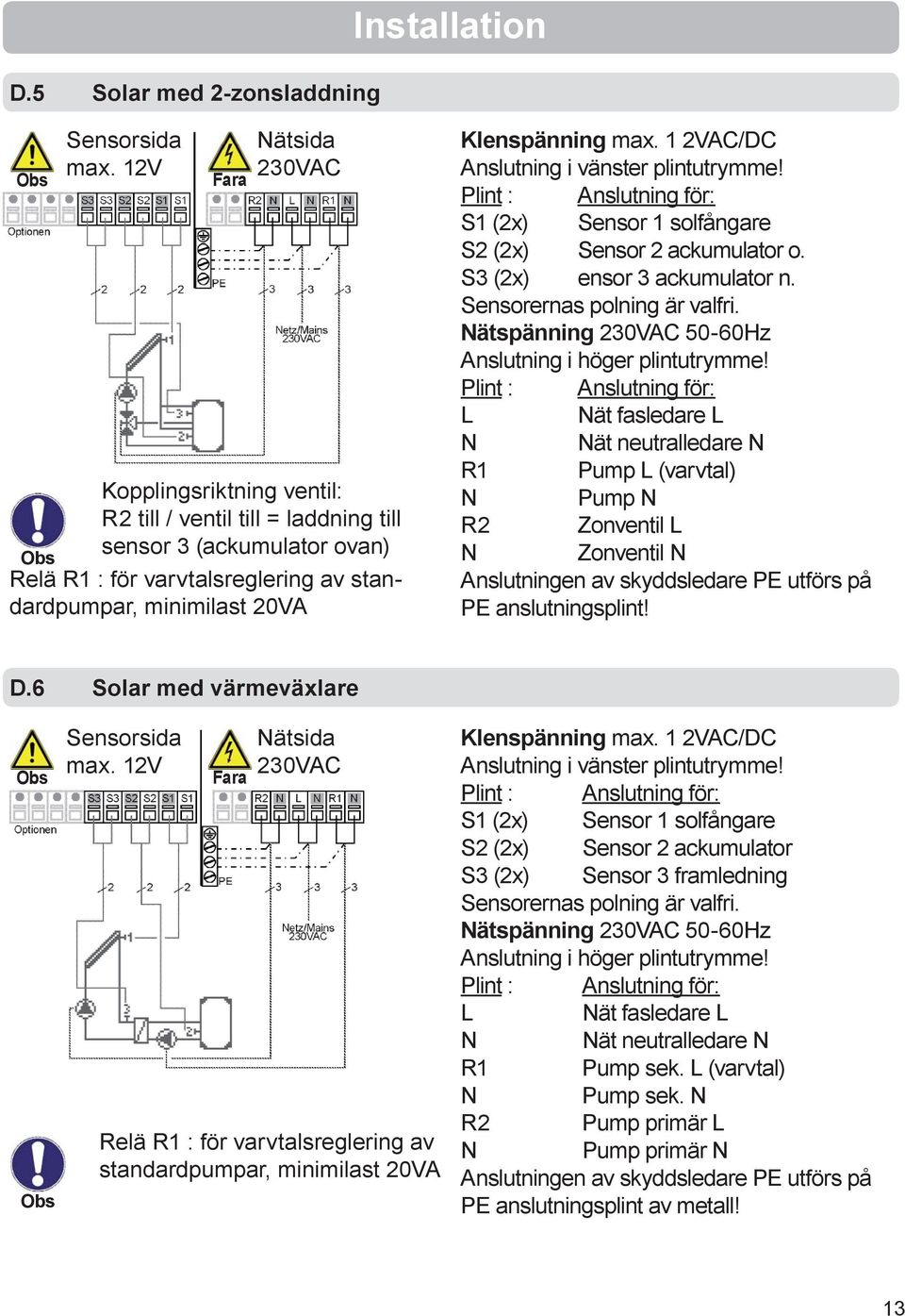 1 2VAC/DC Anslutning i vänster plintutrymme! S1 (2x) Sensor 1 solfångare S2 (2x) Sensor 2 ackumulator o. (2x) ensor 3 ackumulator n. Sensorernas polning är valfri.