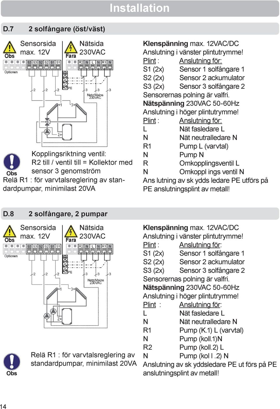 12VAC/DC Anslutning i vänster plintutrymme! S1 (2x) Sensor 1 solfångare 1 S2 (2x) Sensor 2 ackumulator (2x) Sensor 3 solfångare 2 Sensorernas polning är valfri.