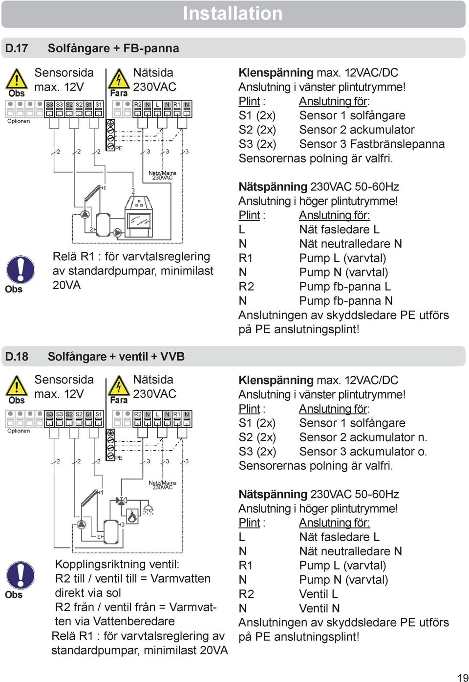 Relä R1 : för varvtalsreglering av standardpumpar, minimilast 20VA Nätspänning 230VAC 50-60Hz Anslutning i höger plintutrymme!