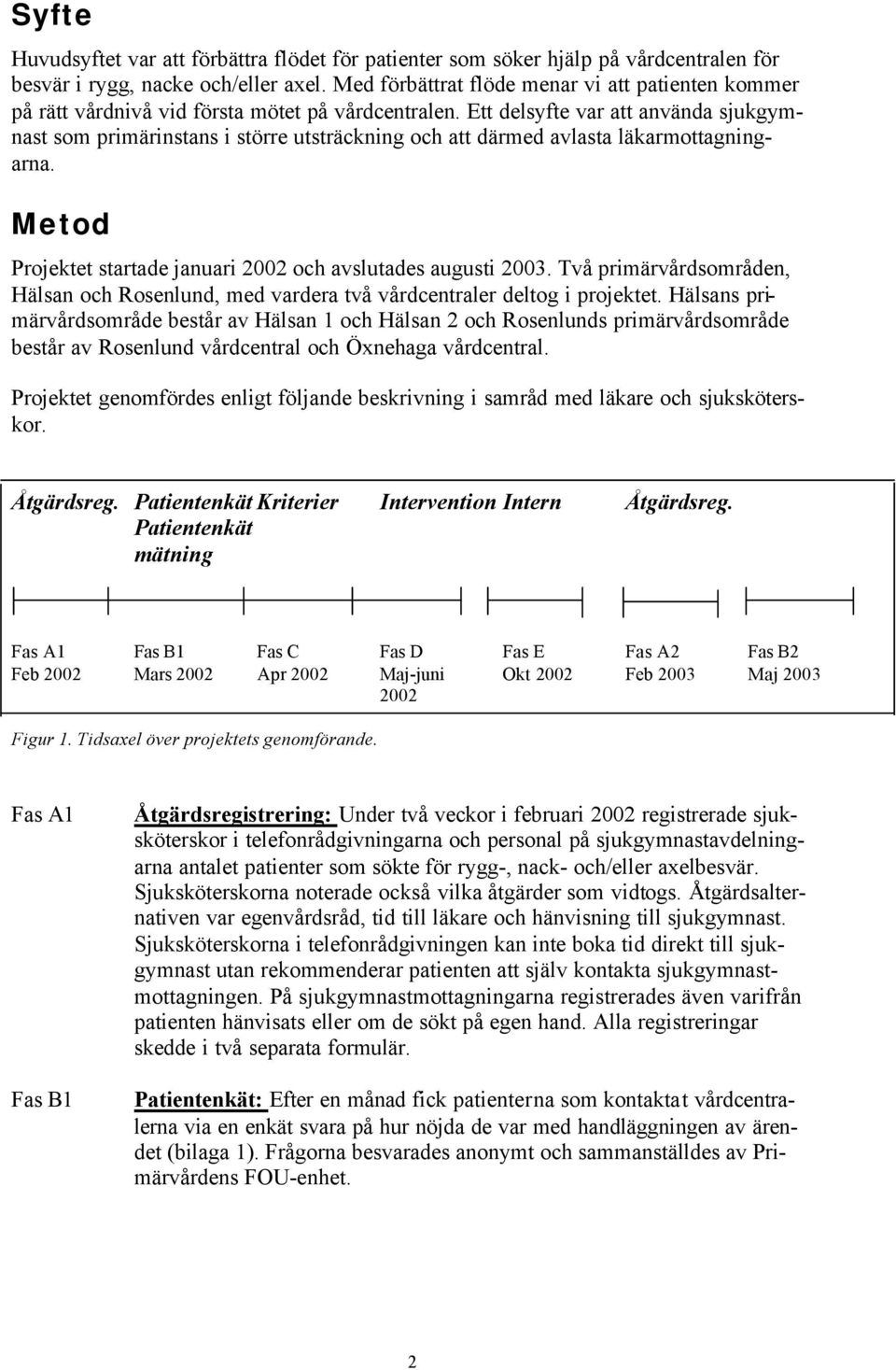 Ett delsyfte var att använda sjukgymnast som primärinstans i större utsträckning och att därmed avlasta läkarmottagningarna. Metod Projektet startade januari 2002 och avslutades augusti 2003.