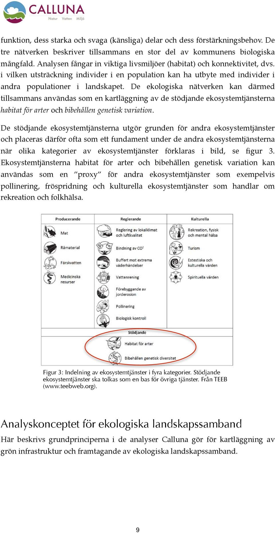 De ekologiska nätverken kan därmed tillsammans användas som en kartläggning av de stödjande ekosystemtjänsterna habitat för arter och bibehållen genetisk variation.