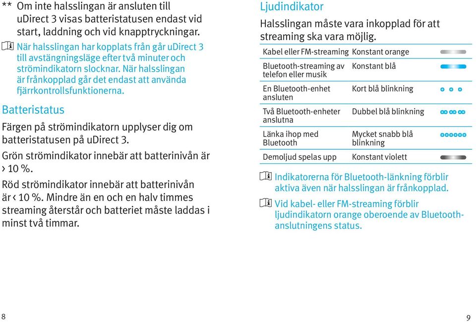 När halsslingan är frånkopplad går det endast att använda fjärrkontrollsfunktionerna. Batteristatus Färgen på strömindikatorn upplyser dig om batteristatusen på udirect 3.