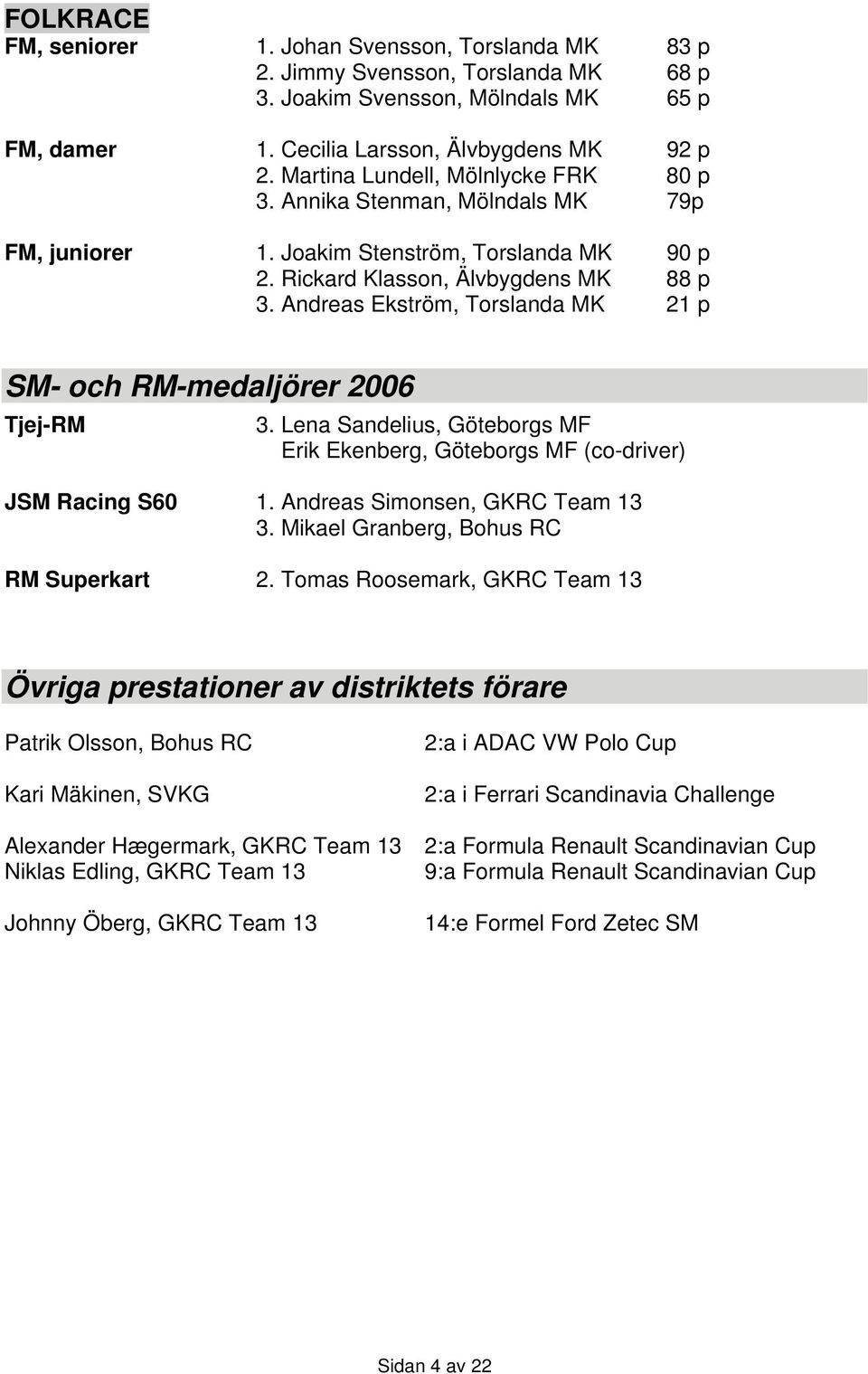 Andreas Ekström, Torslanda MK 21 p SM- och RM-medaljörer 2006 Tjej-RM 3. Lena Sandelius, Göteborgs MF Erik Ekenberg, Göteborgs MF (co-driver) JSM Racing S60 1. Andreas Simonsen, GKRC Team 13 3.